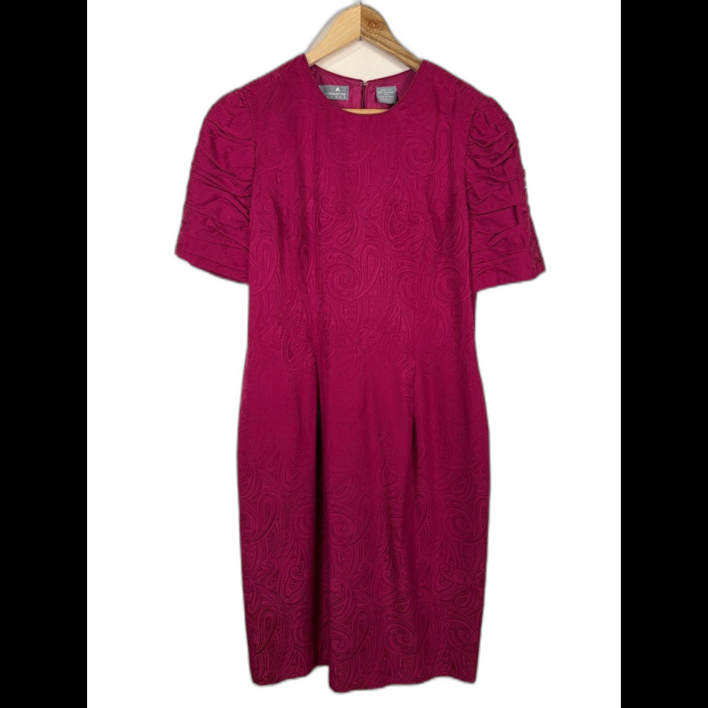 Vintage Liz Claiborne 100% Silk Pink Brocade Dress 12 Short Sleeves Old Money